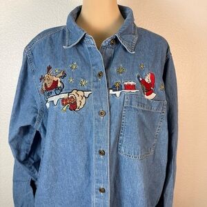 Nutcracker Denim Christmas Santa On Rooftop Blouse Shirt Sz L Embroidered
